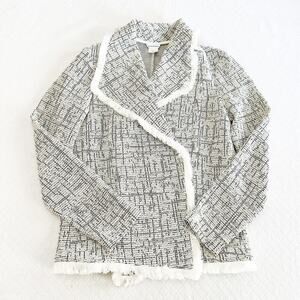 Club Monaco Black White Textured Faux Tweed Fringe Border Blazer Size Small